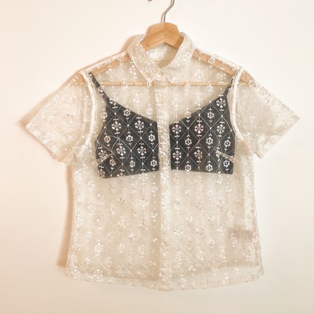 60's style mesh/sheer white floral button-up shirt